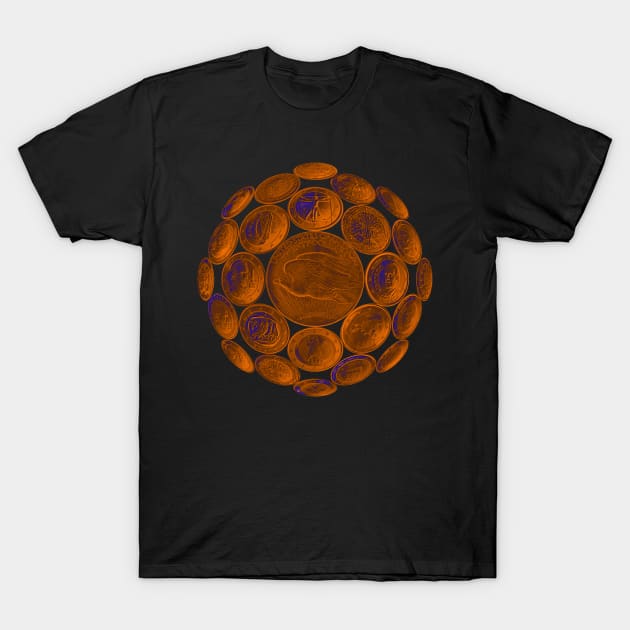 Orange USA Twenty Dollars Coin - Surrounded by other Coins on a Ball T-Shirt by The Black Panther